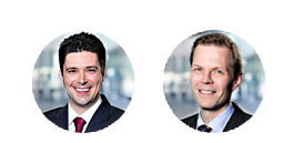 Runde Bilder der Ansprechpartner Alexander Skorna und Sebastian Kentenich auf blauem Hintergrund.