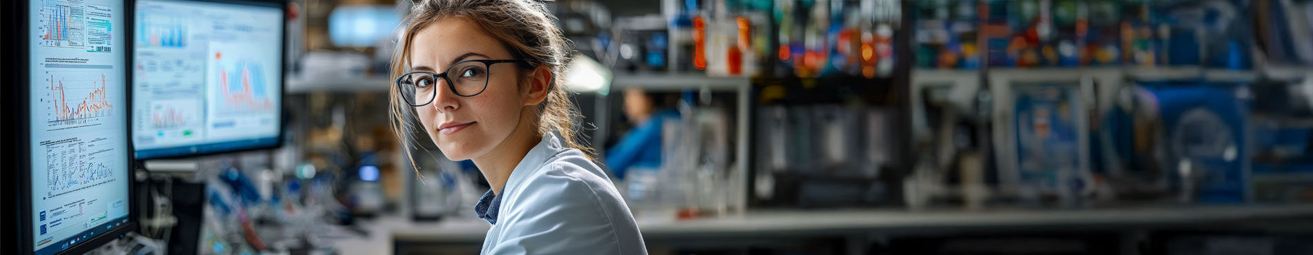 Frau in Laborkleidung arbeitet konzentriert an Bildschirmen, freundliche Atmosphäre, technologische Umgebung.