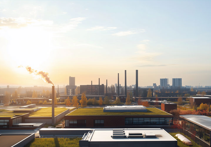 Städtische Skyline mit industriellen Gebäuden und rauchenden Schornsteinen, von goldenem Sonnenlicht beleuchtet.