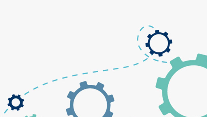 Grafik von Zahnrädern mit Verbindungslinien, vermittelt einen Eindruck von Dynamik und Zusammenarbeit.