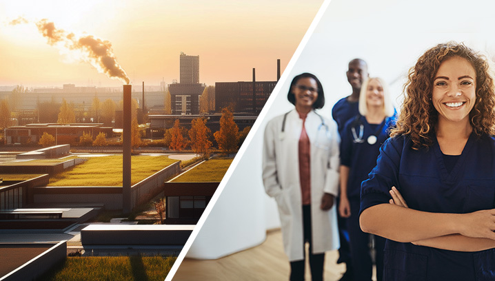 Eine Industrielandschaft und ein Pflegeteam zur Darstellung von Risikomanagement