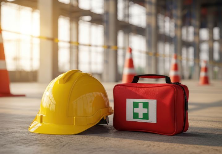 Gelber Bauhelm und roter Erste-Hilfe-Koffer auf dem Boden einer Baustelle, vermitteln Sicherheit und Vorsicht. Symbolisiert Gruppenunfall-Versicherung.