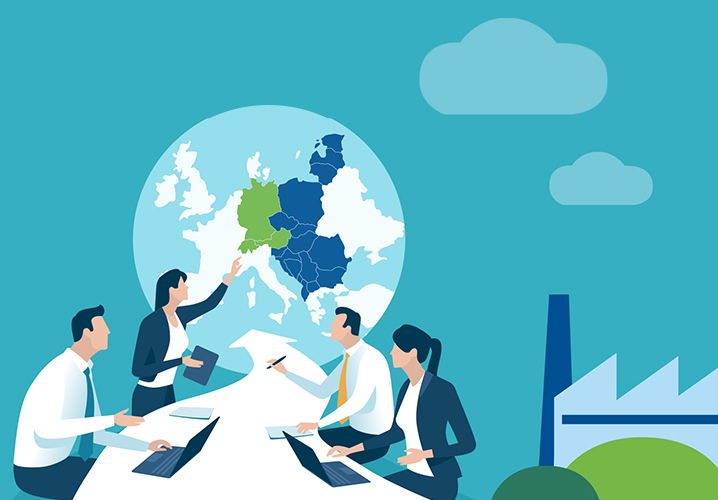 A team collaborates over laptops, symbolizing global business connections and innovation.