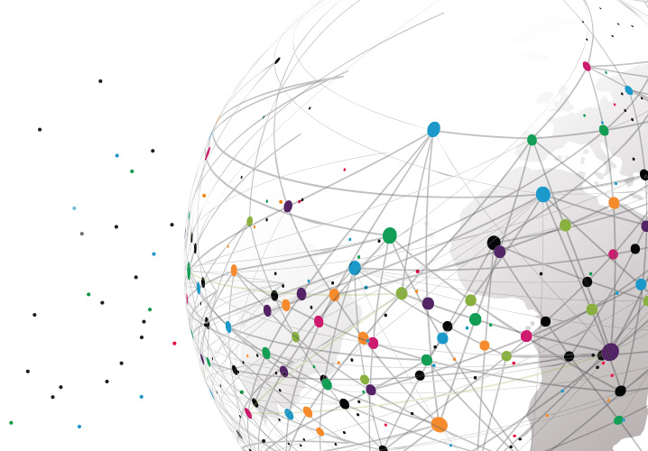 Abstrakte Darstellung eines Netzwerks mit bunten Knoten und Linien, die Verbundenheit symbolisieren.