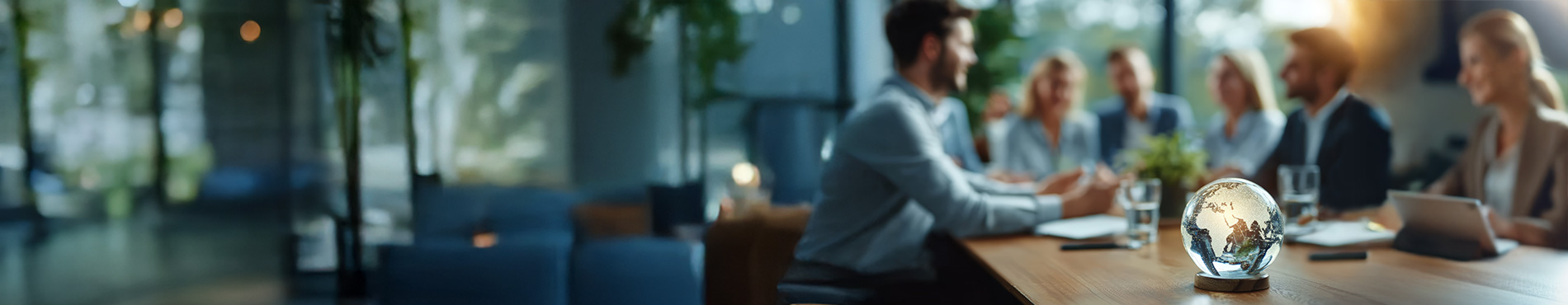 Glaskugel mit Erdkonturen auf Tisch, während Menschen, abgesichert durch Auslandsreise-Krankenversicherung, in geschäftlicher Atmosphäre diskutieren.