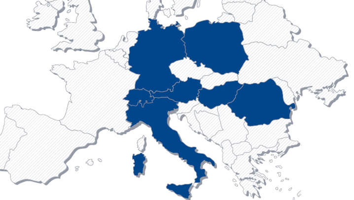 Karte von Europa mit blau gefärbten Ländern in denen Funk vertreten ist.