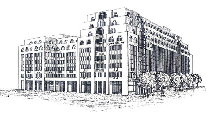 Zeichnung des Funk Gebäudes in Hamburg.