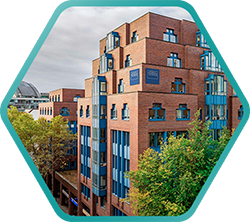 Moderne, geometrische Architektur in warmen Rottönen, umgeben von Bäumen, strahlt einladende Urbanität aus.