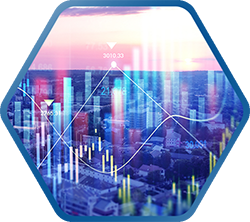 Grafische Darstellung von Finanzdaten über urbaner Landschaft, vermittelt Innovation und Dynamik.