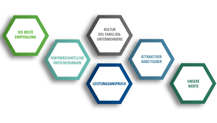 6 Sechsecke mit Strategien in Funk Farben auf weißem Hintergrund.