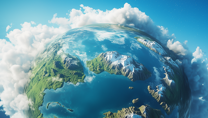 Blick auf einen Teil der Erde mit grünen Landschaften und schneebedeckten Bergen, vermittelt ein Gefühl von Frieden und Schönheit.