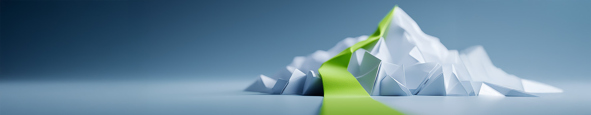 Origami-Berglandschaft mit leuchtendem grünen Band, das Abenteuer und Kreativität symbolisiert.