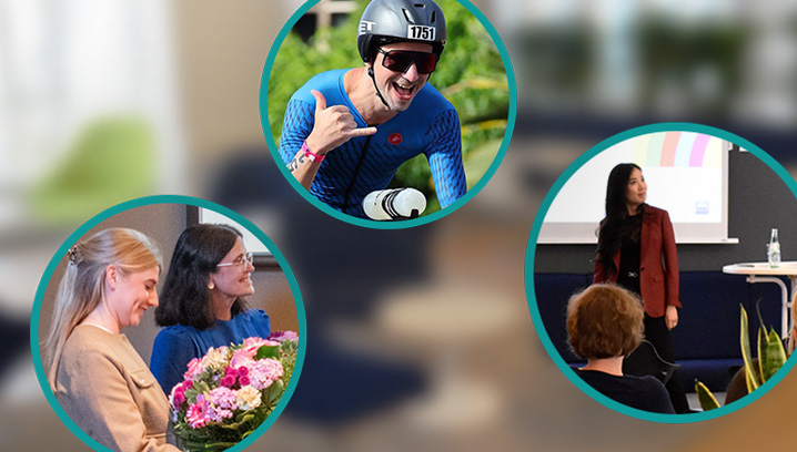 Vielseitige Szenen: Sportler, Feiernde und Rednerin strahlen Freude und Inspiration aus.