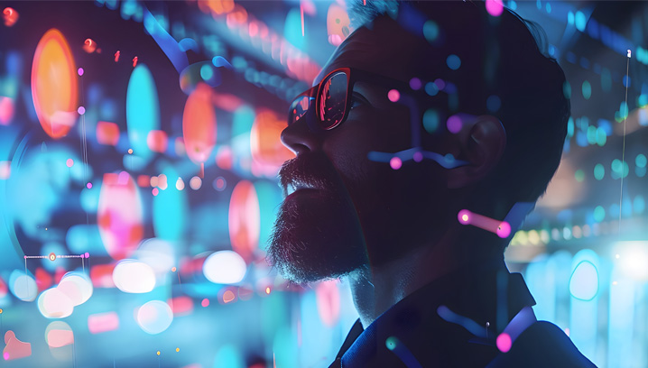 Symbolbild Cyber-Versicherungsmarkt: En Mann mit Brille blickt auf eine leuchtende Digitalanzeige