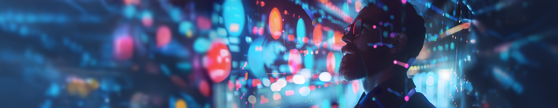 Symbolbild Cyber-Versicherungsmarkt: En Mann mit Brille blickt auf eine leuchtende Digitalanzeige