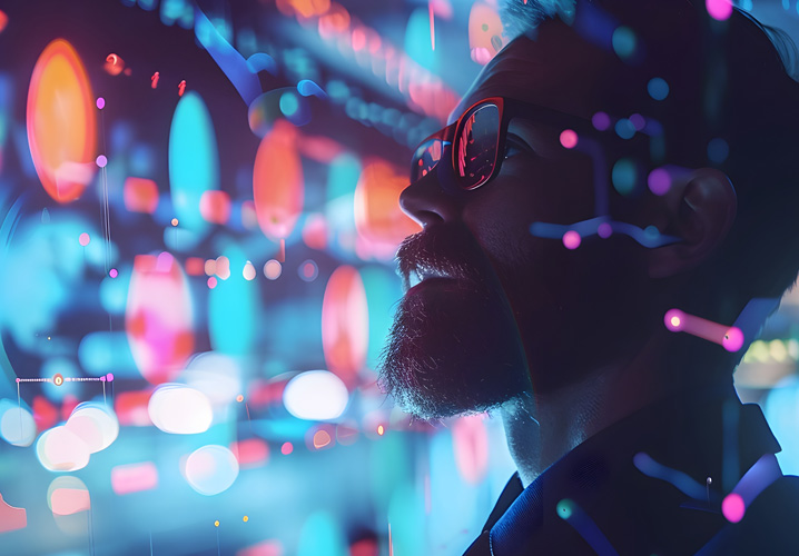 Symbolbild Cyber-Versicherungsmarkt: En Mann mit Brille blickt auf eine leuchtende Digitalanzeige