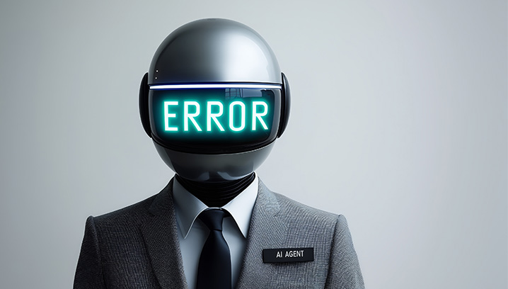 Roboter in Anzug mit leuchtendem 'ERROR'-Schild, vermittelt ein Gefühl von Verwirrung und Technologiefehler.