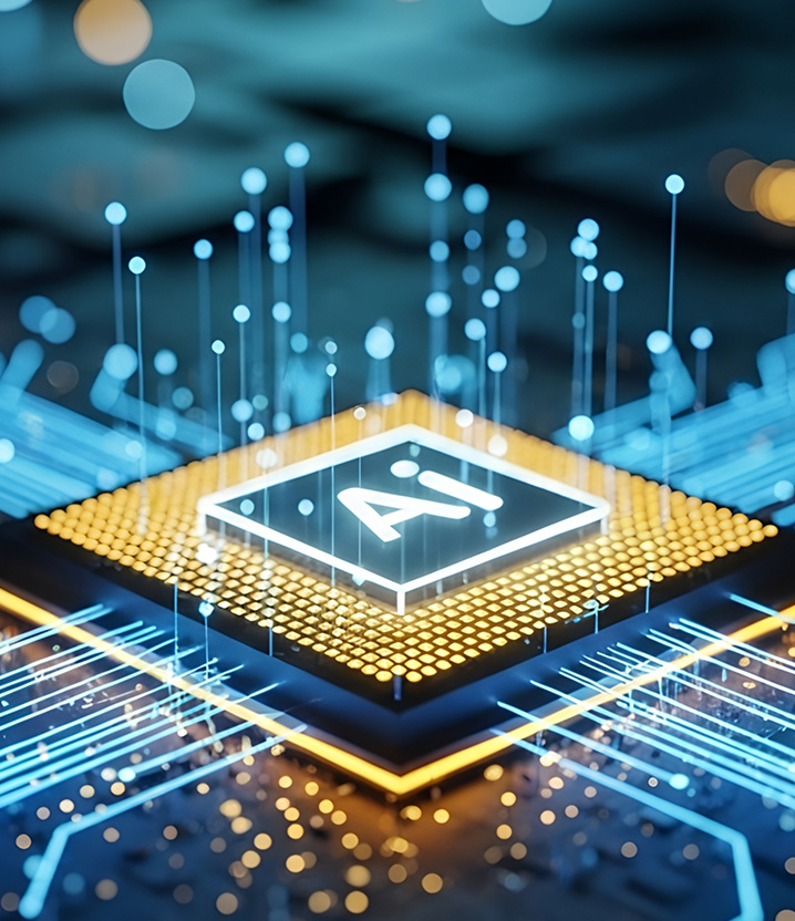 Futuristischer Mikrochip mit leuchtendem 'AI'-Symbol, umgeben von digitalen Datenströmen in blauen und goldenen Tönen.