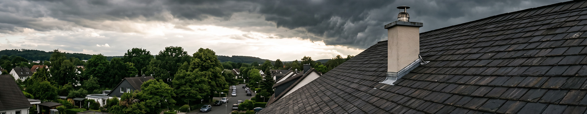 Dunkle Gewitterwolken über Wohnhäusern mit Schornstein und nassem Dach – Symbol für klimabedingte Wetterrisiken und präventives Risikomanagement.