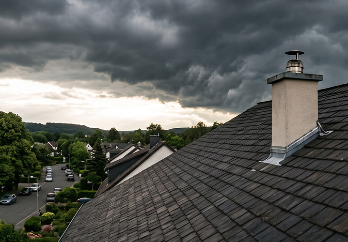 Dunkle Gewitterwolken über Wohnhäusern mit Schornstein und nassem Dach – Symbol für klimabedingte Wetterrisiken und präventives Risikomanagement.