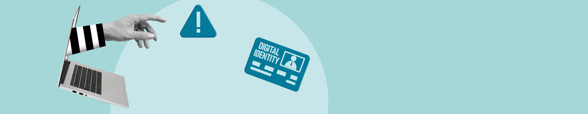 Grafik: Laptop schwebt im Raum, Arm schaut raus und zeigt auf Fake Identität. Symbolbild für Vertrauensschadenversicherung.