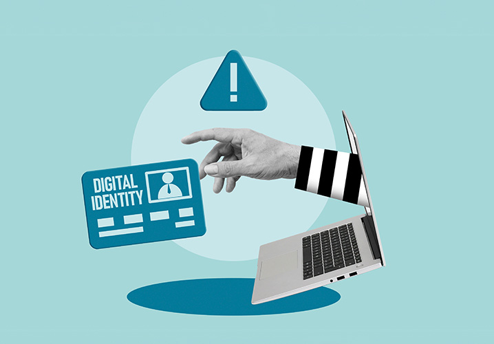 Grafik: Laptop schwebt im Raum, Arm schaut raus und zeigt auf Fake Identität. Symbolbild für Vertrauensschadenversicherung.