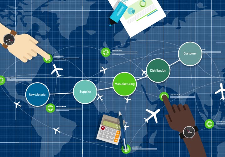 Grafik zeigt Lieferkette mit farbigen Kreisen und Händen, vermittelt Zusammenarbeit und strategische Planung.