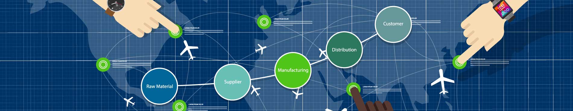 Grafik zeigt Lieferkette mit farbigen Kreisen und Händen, vermittelt Zusammenarbeit und strategische Planung.