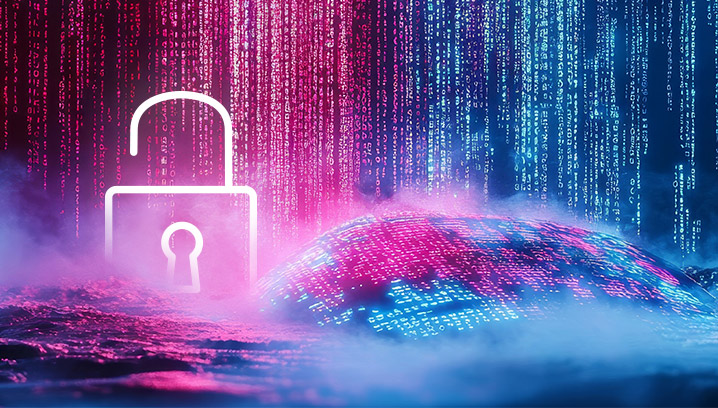 Eine digitale Landschaft mit einem offenen Vorhängeschloss, umgeben von bunten Datenströmen und Nebel.