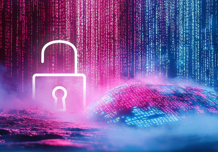 Futuristische Szene mit leuchtenden Datenströmen und offenen Schlössern, symbolisiert Datenleaks und unsichere Datenströme