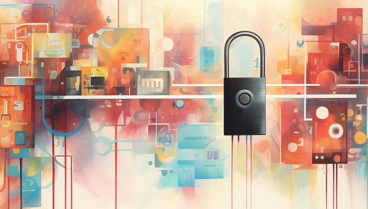 Farbenfrohe abstrakte Komposition mit einem zentralen Schloss, das Sicherheit und Schutz symbolisiert.