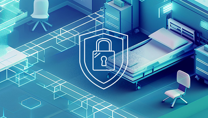 Futuristische Krankenhausumgebung mit einem Laptop, Bett und einem Schlüsselsymbol, das Sicherheit vermittelt.
