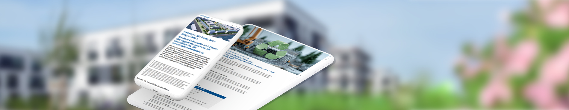 Moderne Wohnanlage mit frischem Grün, die eine freundliche und einladende Atmosphäre vermittelt. Im Vordergrund ein Tablet und ein Smartphone, auf denen das Funk Forum Real Estate zu erkennen ist.