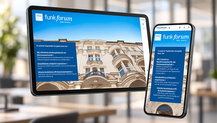 Tablet und Smartphone Mockup des aktuellen Funk Forum Real Estate schweben im Raum mit verschwommenen Bürohintergrund