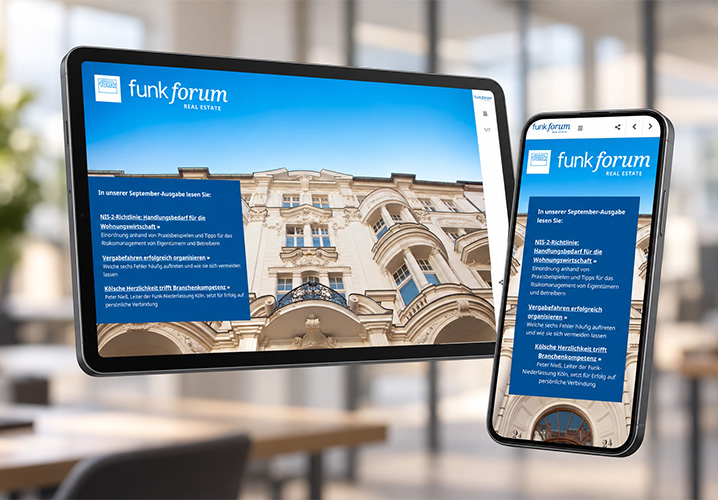 Tablet und Smartphone Mockup des aktuellen Funk Forum Real Estate schweben im Raum mit verschwommenen Bürohintergrund