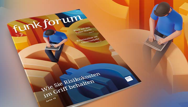 Cover des 'funk forum 3-2025' mit einer Figur, die am Laptop arbeitet, umgeben von kreativen Formen in warmen Farben.