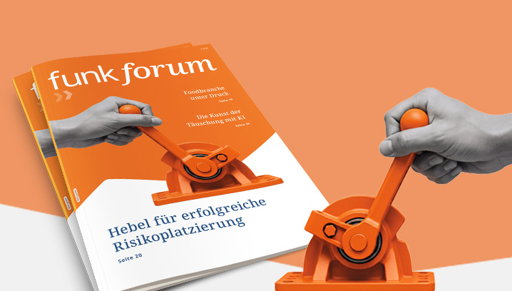 Magazin Funk Forum auf orangenem leicht angeschnittenem Hintergrund. Links im Bild eine Hand, die einen orangenen Hebel bedient. 