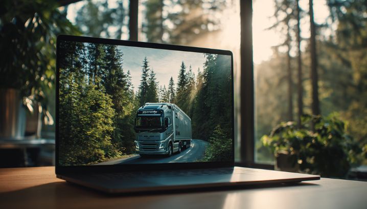 Lkw fährt durch einen Wald, auf einem Laptop-Bildschirm, warmes Licht strahlt durch die Bäume.