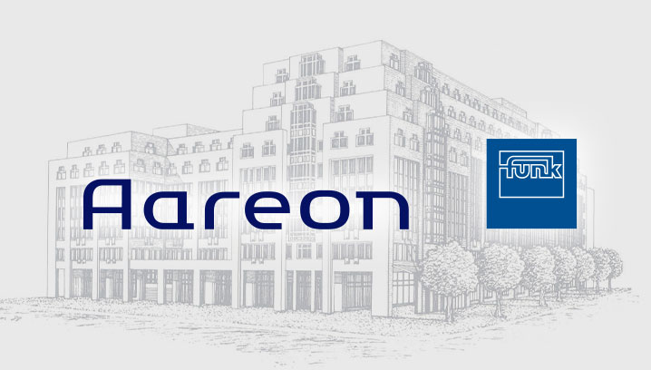 Skizzierte Architekturansicht eines modernen Gebäudes mit Aareon-Logo, vermittelt Professionalität und Innovation.