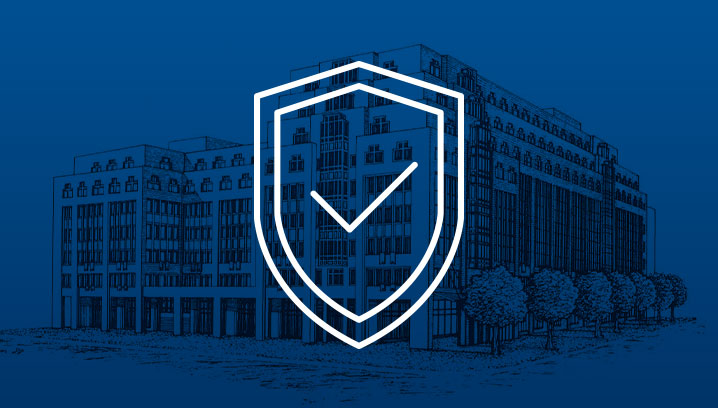 Stilisierte Gebäudezeichnung mit einem Schutzsymbol, vermittelt Sicherheit und Stabilität.