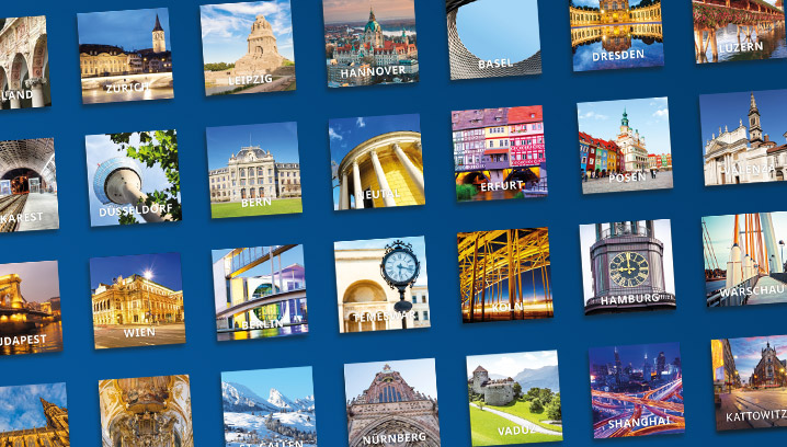 Eine Collage von Stadtansichten zeigt unsere europäischen Standorte, vermittelt Vielfalt und Internationalität.