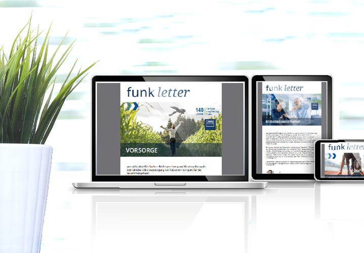 Eine moderne Präsentation von 'Funk Letter' auf verschiedenen Geräten, umgeben von einem Pflanzenmotiv.